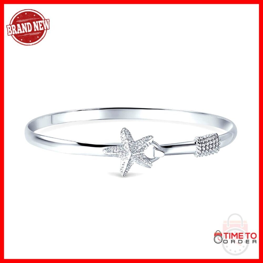 Sterling Silver Bangle Bracelet Nautical Starfish Hook Closure Elegant Minimal